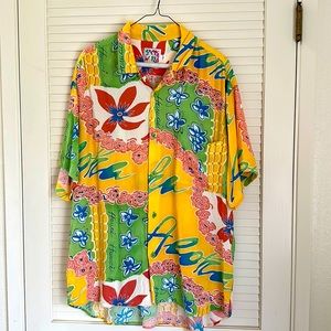 Jams World Aloha Hawaii Shirt, Pink, Green & Yellow, with Pocket, L